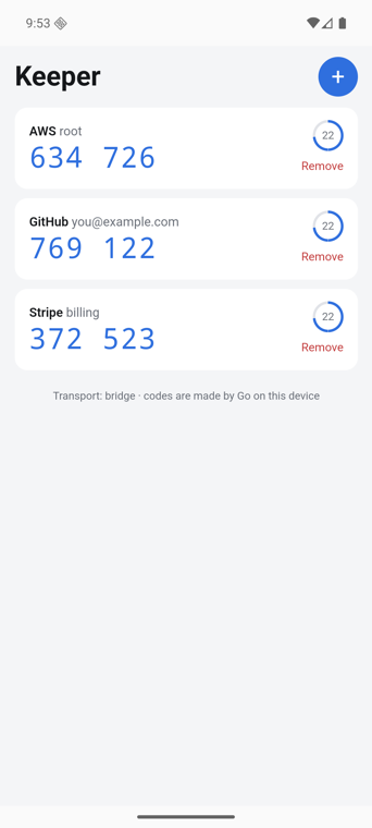 Keeper: a 2FA app showing six-digit codes for AWS, GitHub and Stripe with countdown timers